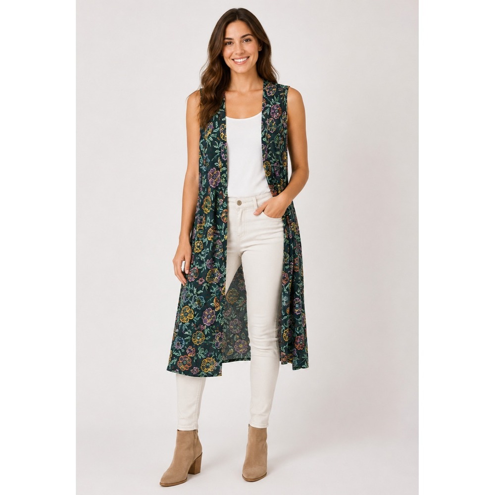 NEW LuLaRoe Sleeveless Joy Vest Womens Large Blue Floral Polyester Side Slits